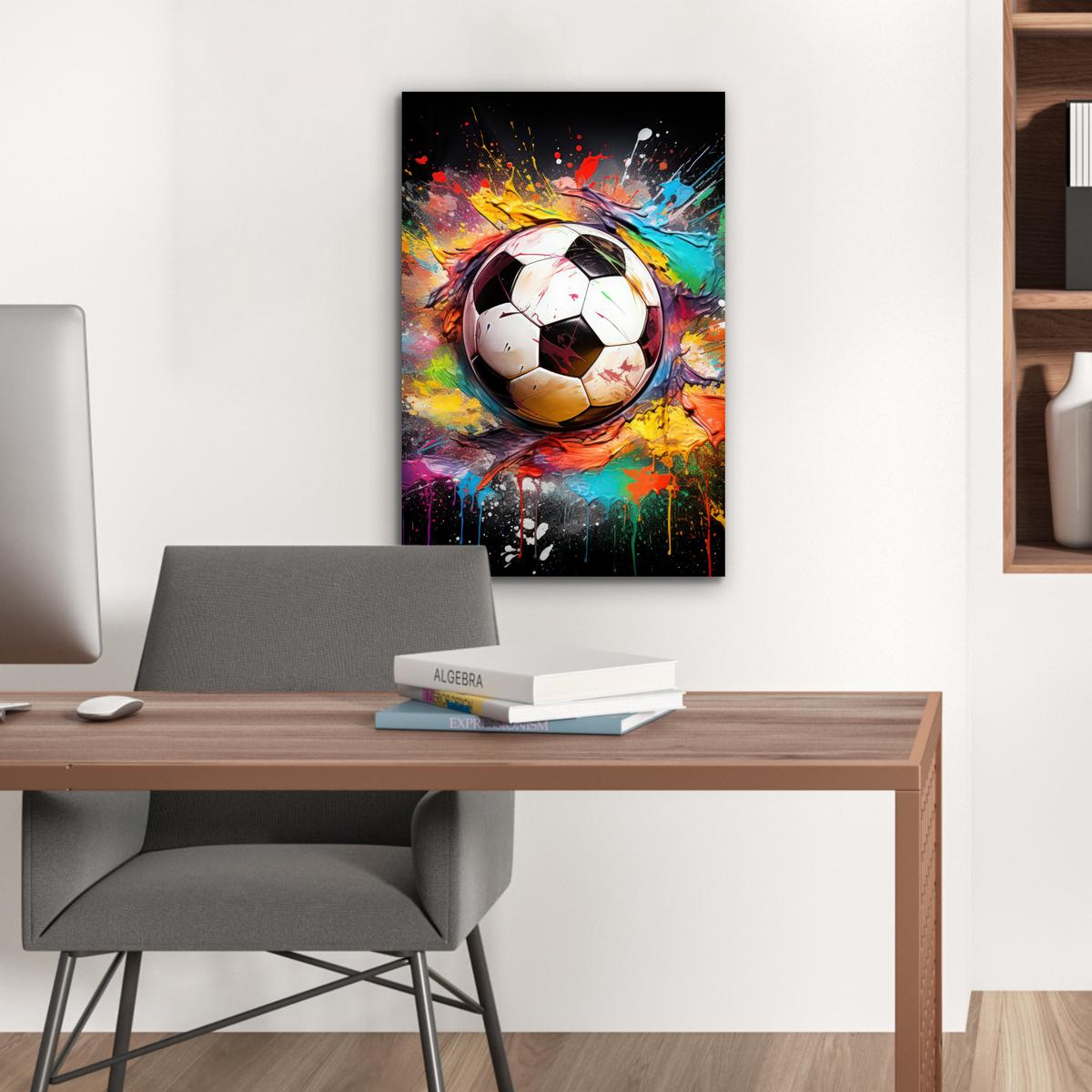 METALLBILD Fußball - Farbe - Farben - Schwarz - Weiß Deko Schlafzimmer 40x60 cm - Weiß, Metall (40/60cm) - MuchoWow