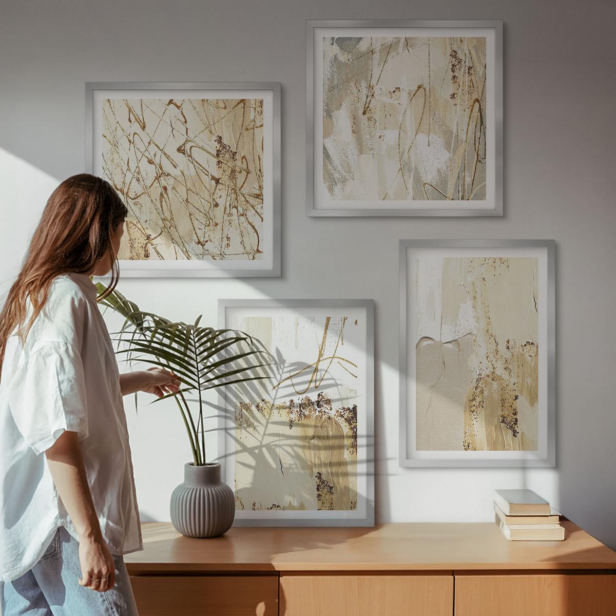 BILDER SET 4er Set - 50x50 cm & 40x60 cm Silberner Rahmen - Abstrakte Muster beige weiß - Silberfarben, Kunststoff (50/50cm) - TULUP