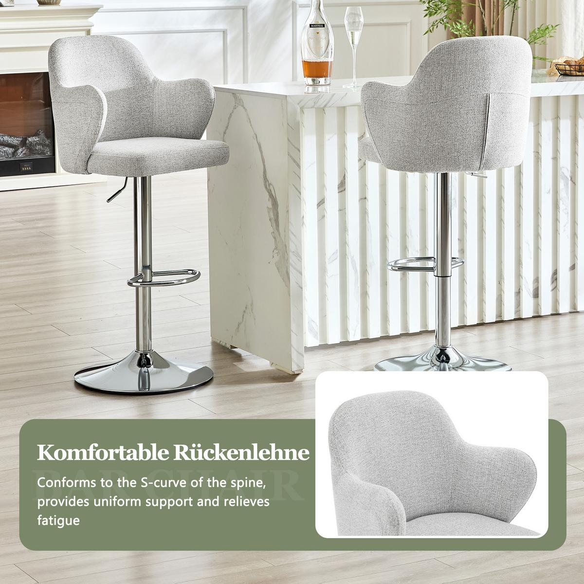 BARHOCKER 2er Set Stoff Hellgrau Höhenverstellbar Drehbar mit Armlehnen - Hellgrau, Textil (45/118/37.6cm) - Urban Meuble