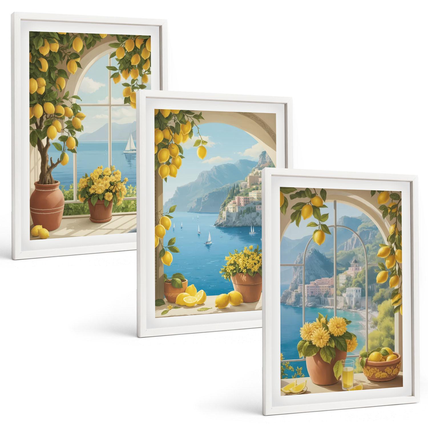 BILDER SET 3er Set - 40x60 cm Weißer Rahmen - Meereslandschaften, Zitronen, Fenster - Weiß, Kunststoff (40/60cm) - TULUP