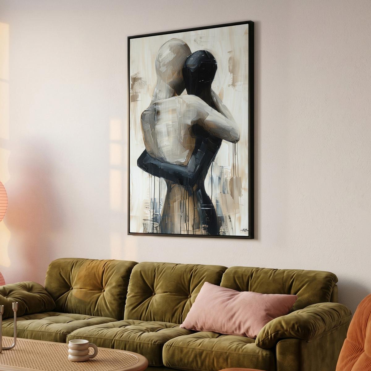 LEINWAND Bilder mit Rahmen - Abstrakt - Liebe - Schwarz und weiß - Modern - 90x140 - Schwarz, Textil (90/140cm) - MuchoWow