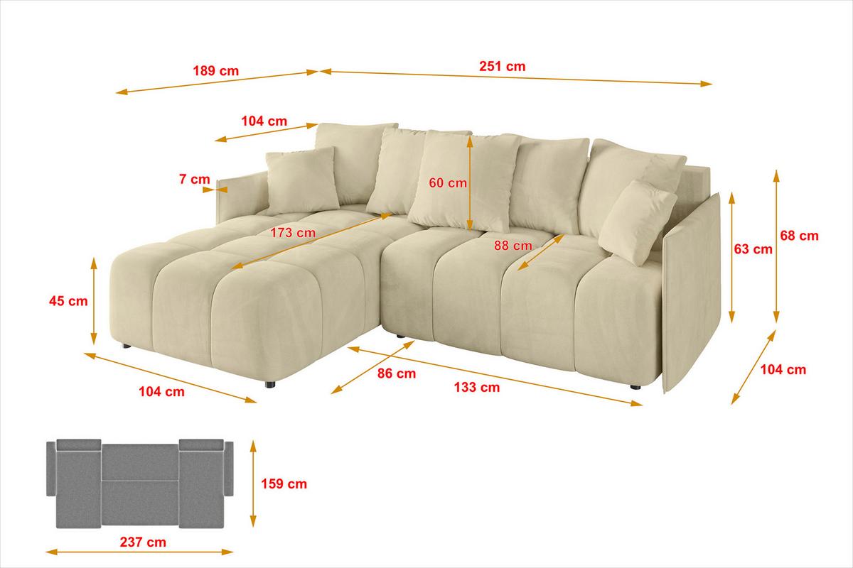 ECKSOFA Ottomane links LONLI-L 251x189x68 Taupe Velours - Taupe, Holzwerkstoff/Kunststoff (251/189cm) - ALTDECOR