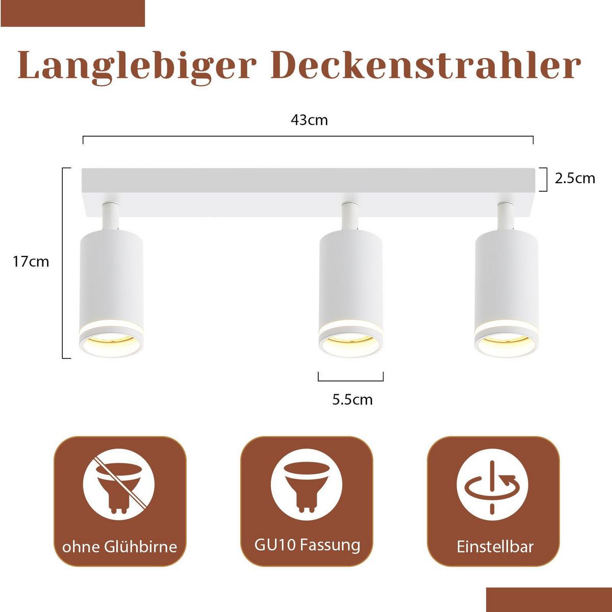 DECKENSTRAHLER Staffelstein 3-flammig 43/5/17 cm - Weiß, Metall (43/5/17cm) - Nettlife