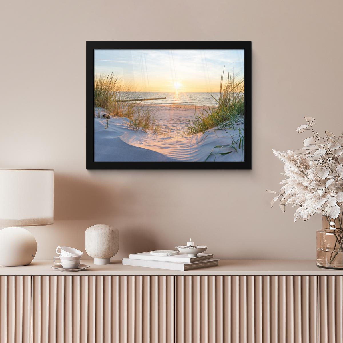 POSTER MIT RAHMENGERAHMTES BILD Strand - Sonne - Düne - Gras - Sand - Horizont 40x30 cm - Hellblau, Papier (40/30cm) - MuchoWow