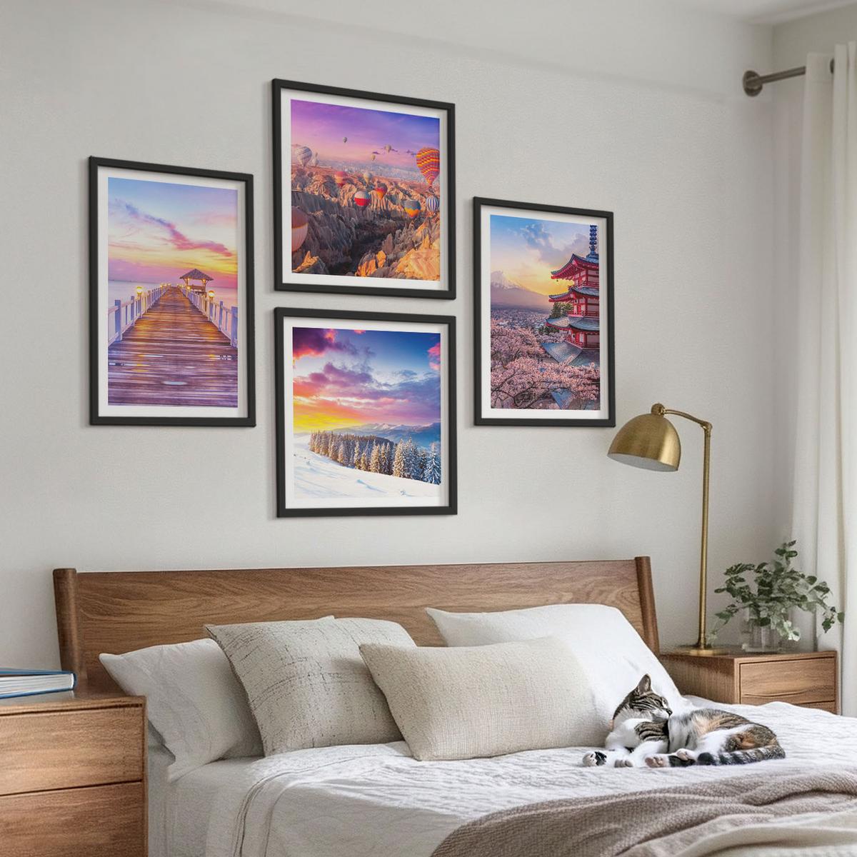 BILDER SET 4er Set - 50x50 cm & 40x60 cm Schwarzer Rahmen - Romantische Himmelslandschaften - Schwarz, Kunststoff (50/50cm) - TULUP