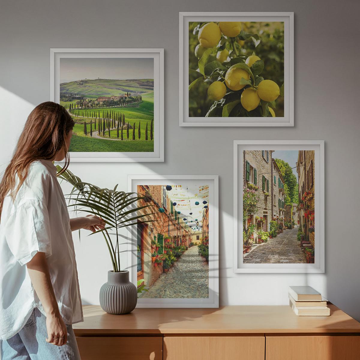 BILDER SET 4er Set - 50x50 cm & 40x60 cm Weißer Rahmen - Bezaubernde Straßen voller Zitronenblüten - Weiß, Kunststoff (50/50cm) - TULUP