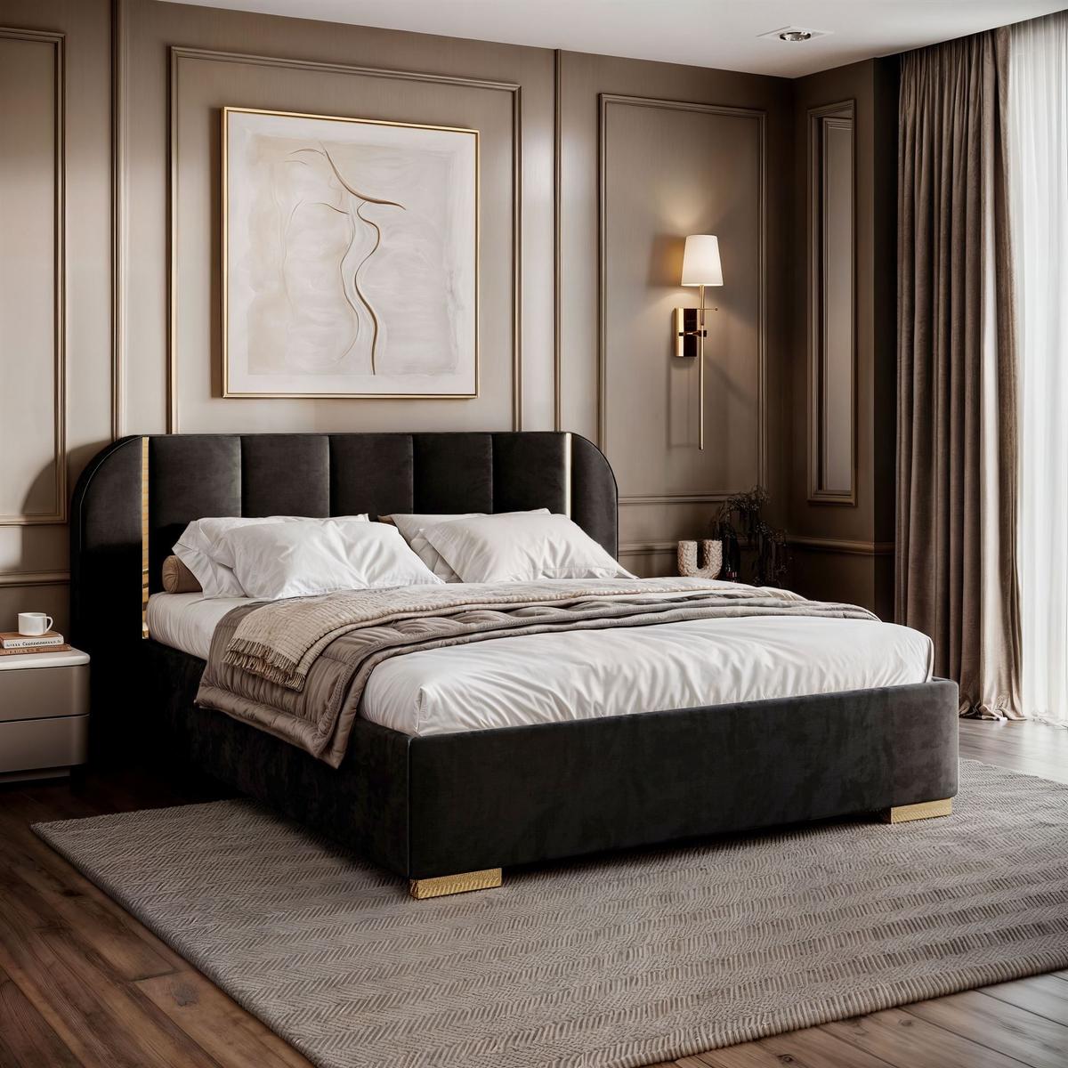 BETT AMARA GOLD 140x200 gepolstert mit Stauraum und Lattenrost, Royal Velvet 254 - Schwarz, Textil (140/200cm) - Lookway
