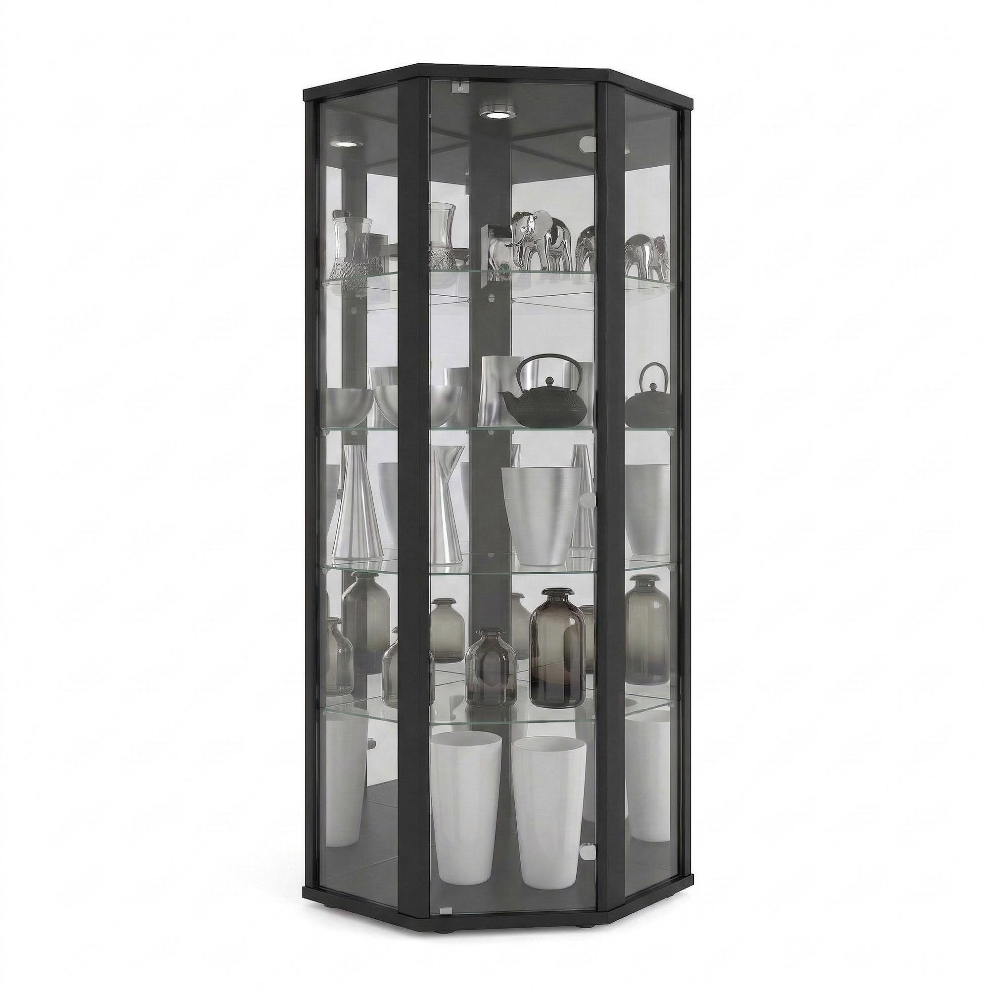 ECKVITRINE 56,5/56,5/176 cm mit Spiegel, LED & Schloss - Transparent/Silberfarben, Glas/Holzwerkstoff (56.5/176/56.5cm) - K-Möbel