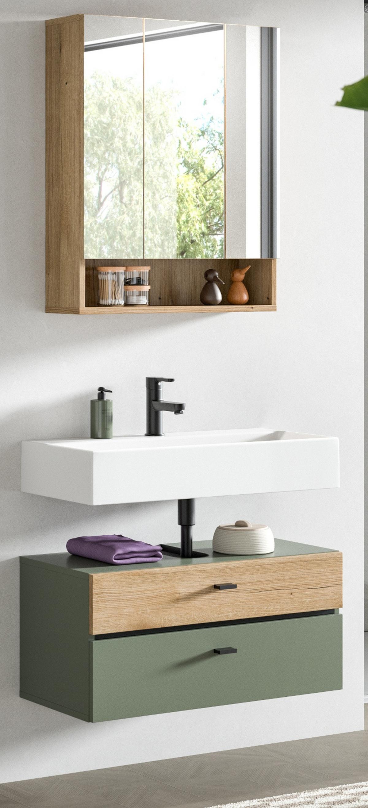 BADMÖBEL-SET grün, Evoke Eiche 2-teilig 75 cm, Badkombination in modernem Design - Eichefarben/Schwarz, Glas/Holzwerkstoff (75/191/35cm) - Inn.Furn