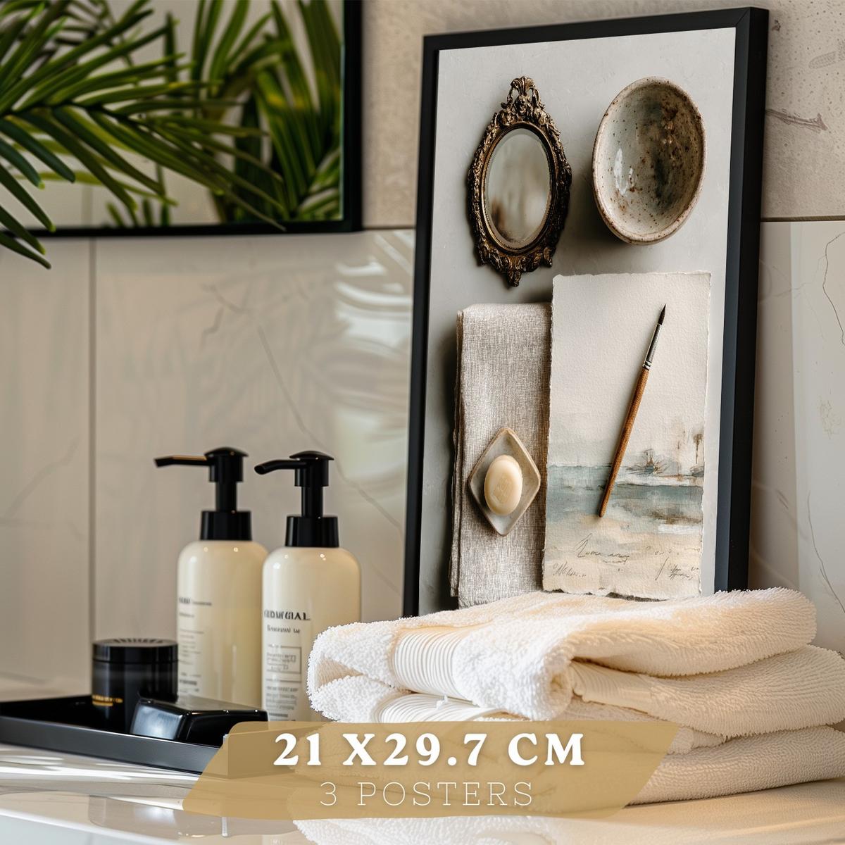 POSTER 3er-Set moderne Badezimmer-Wandposter, Entspannungsposter im Spa-Stil WC mit Steinen, Kerzen und Salzen, Zen-Dekoration Schwarzer Rahmen A4 - Schwarz, Papier (29.7/21/3cm) - Nacnic