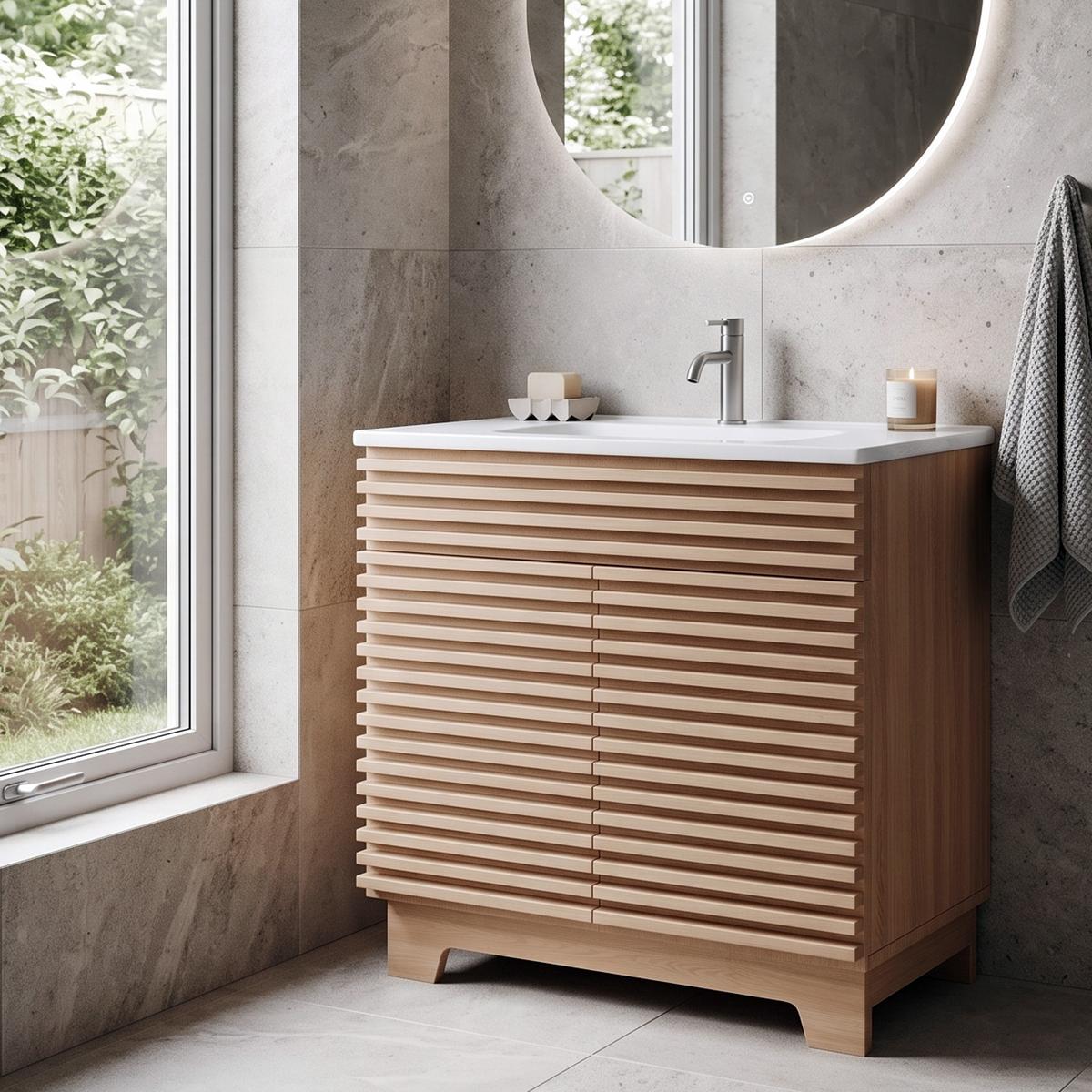 WASCHTISCH Natur Freistehend mit 3D-Streben, Doppeltür & Keramikbecken 91cm - Naturfarben, Holzwerkstoff (91/80/46cm) - Urban Meuble