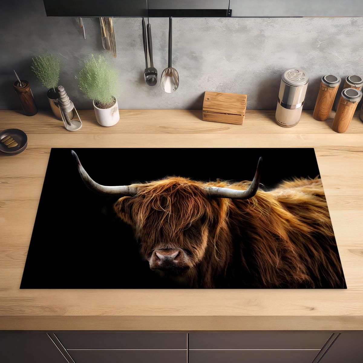 HERDABDECKPLATTE Schottischer Highlander - Hörner - Schwarz - Tiere - Natur - Wild - Kuh Ceranfeldabdeckung 85x52 cm - Cognac, Kunststoff (85/52/0.2cm) - MuchoWow