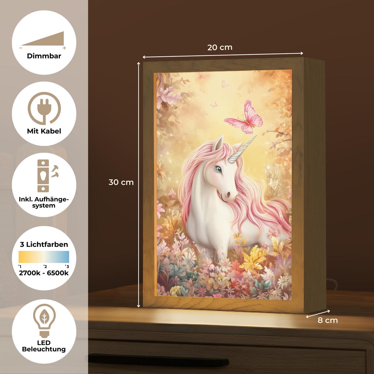 WANDLEUCHTE Einhorn - Blumen - Schmetterling - Rosa 20x30 cm - Beige, Holzwerkstoff (20/30/8cm) - OnlyWow