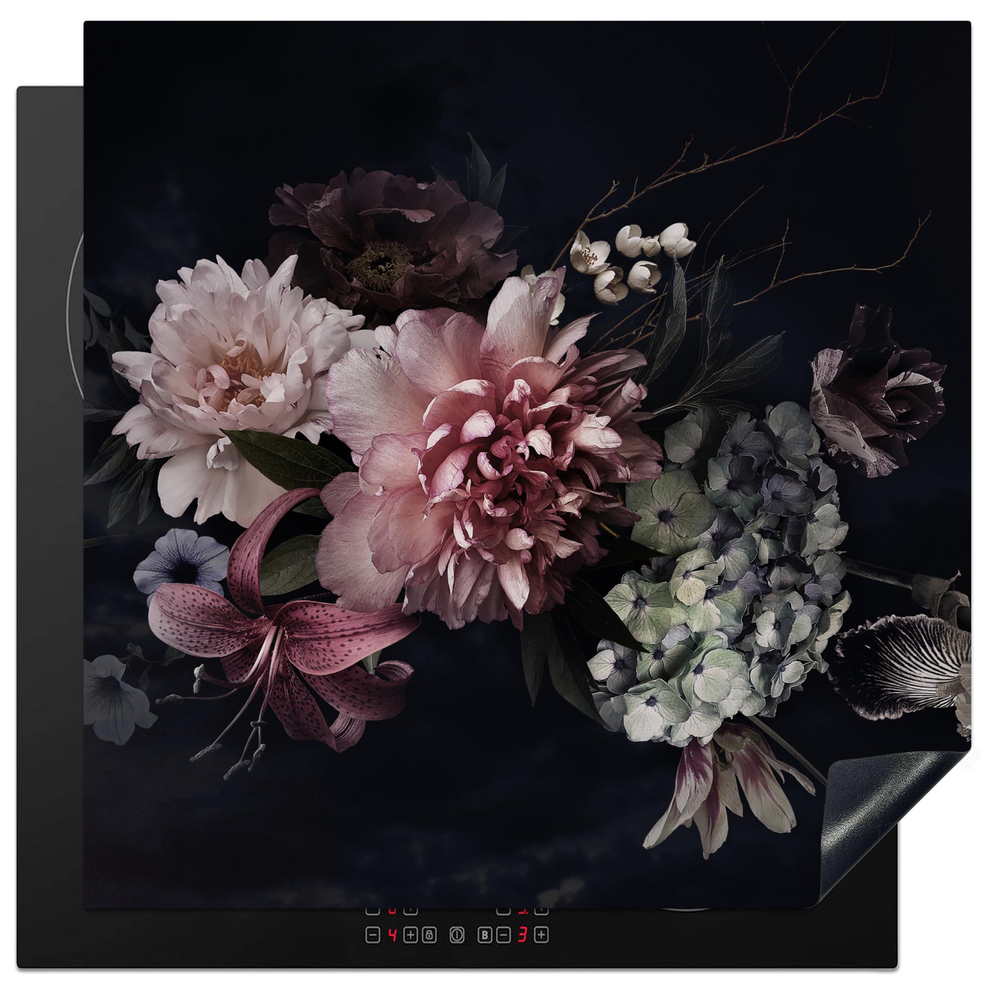 HERDABDECKPLATTE Blumen - Vintage - Pastell - Rosa - Weiß Induktionsmatte 78x78 cm - Altrosa, Kunststoff (78/78/0.2cm) - MuchoWow