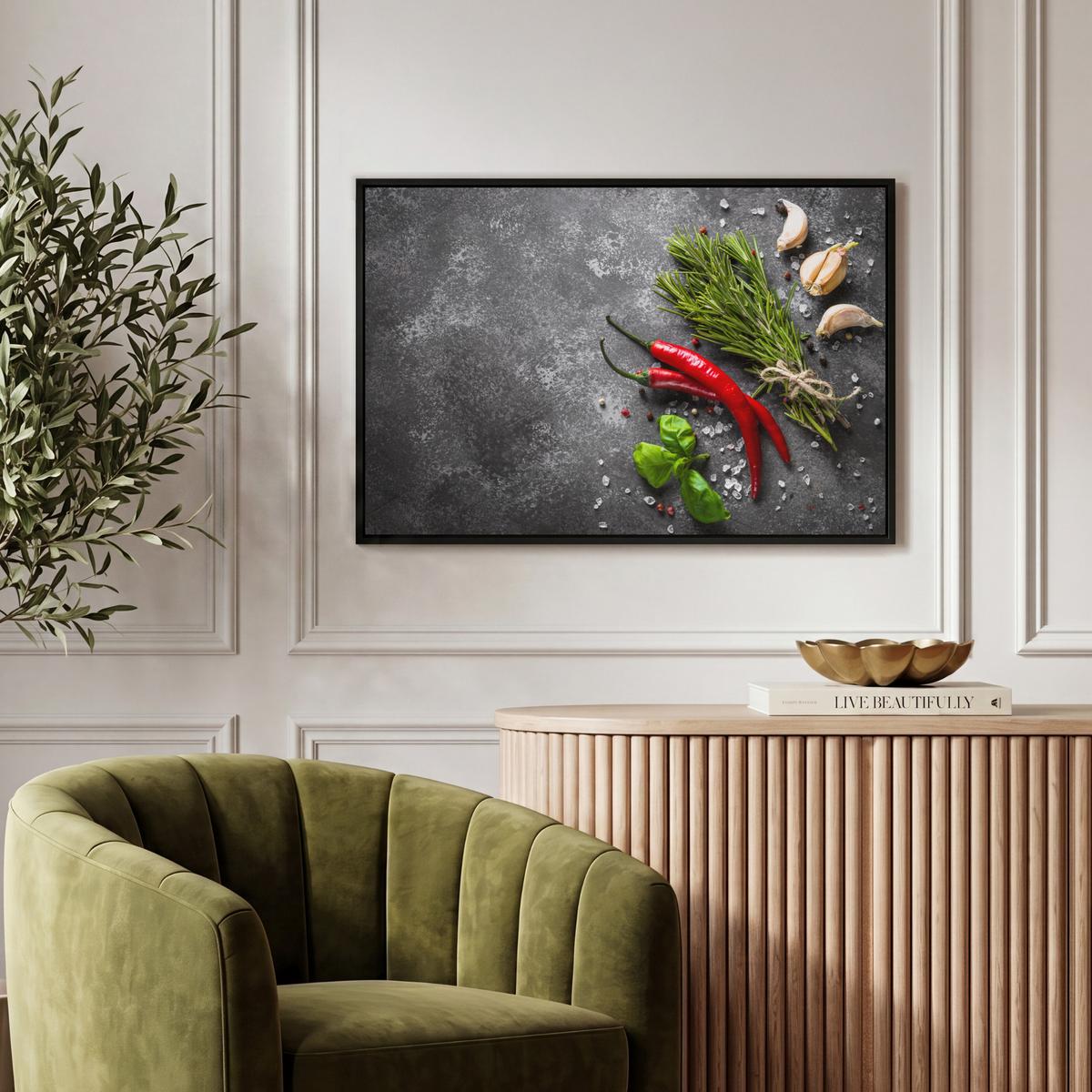 LEINWAND Bilder mit Rahmen - Pfeffer - Kräuter - Gewürze - Beton - 60x40 - Dunkelgrau, Textil (60/40cm) - MuchoWow