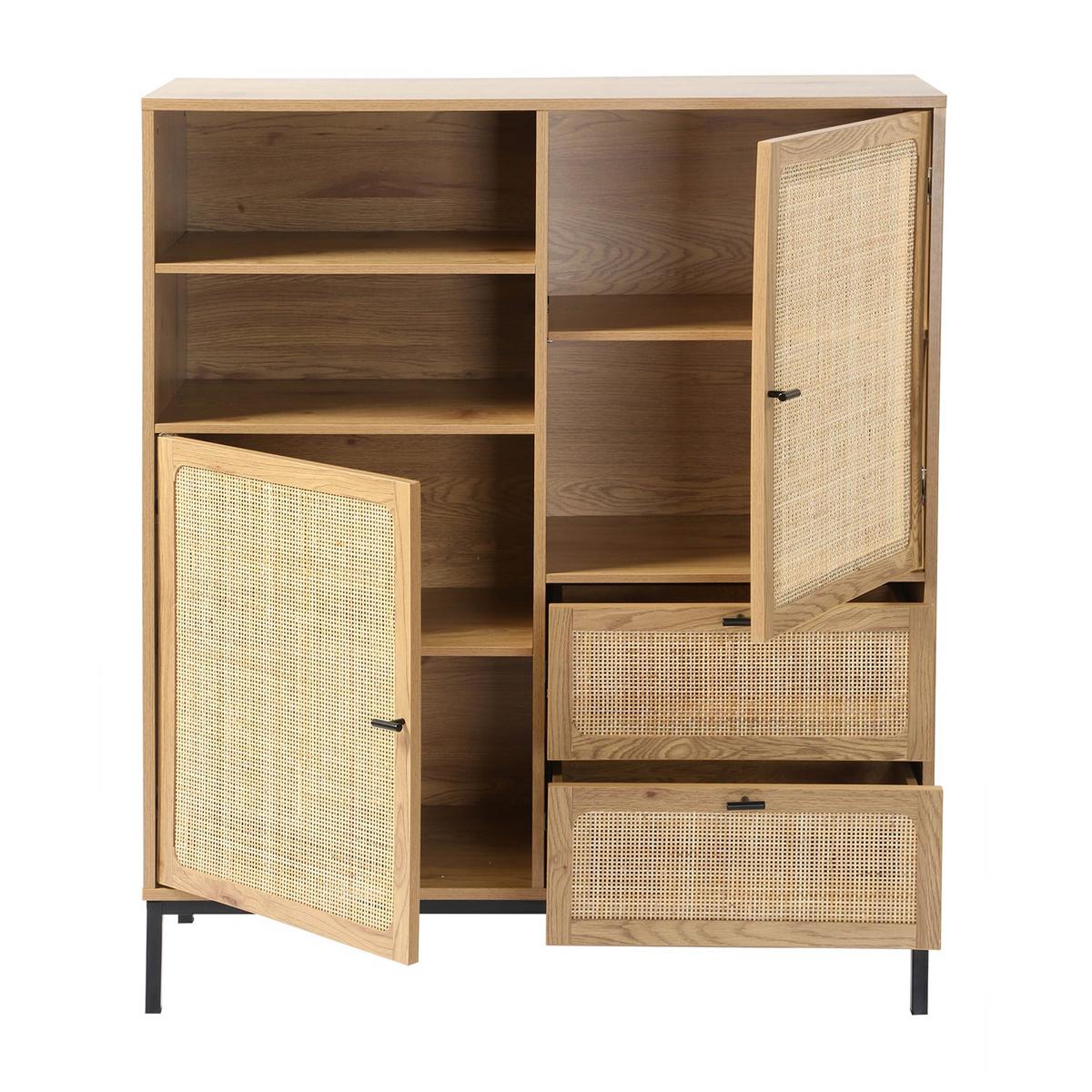 HOHE Buffetschrank mit Rattanfronten - L100 x H120 cm - JAYA - Eschefarben, Holzwerkstoff (40/120/55cm) - Calicosy