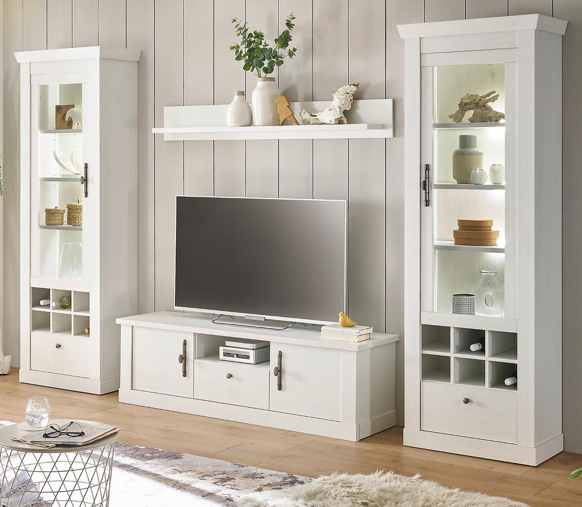 WOHNWAND weiß Pinie Landhaus, Set 4-teilig mit Soft-Close und Beleuchtung - Weiß, Holzwerkstoff/Kunststoff (322/201/45cm) - Furn.Design