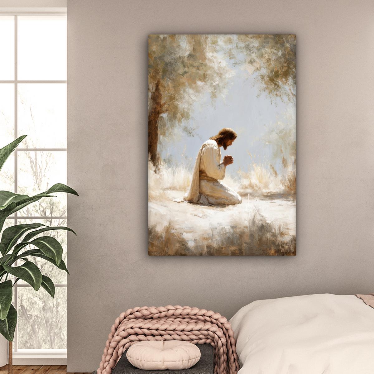 LEINWANDBILD Jesus - Kniend - Waldlandschaft - Betend Deko Groß 90x140 cm - Beige/Hellblau, Textil (90/140cm) - MuchoWow