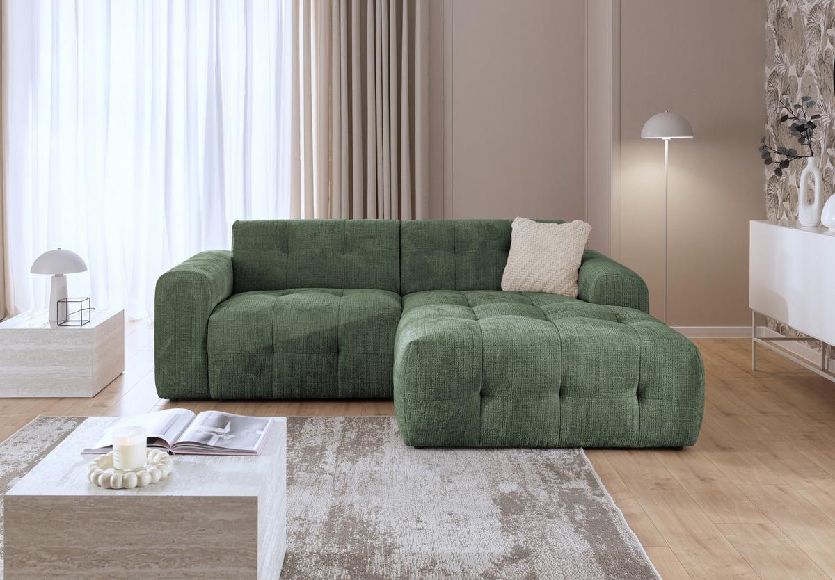 ECKSOFA mit Ottomane rechts, raffinierten Steppungen, Wellenunterfederung, B234/T161/H79 cm, Chenille-Bezug in Grün / 21039 - Schwarz/Grün, Kunststoff/Textil (234/79/161cm) - luma-home