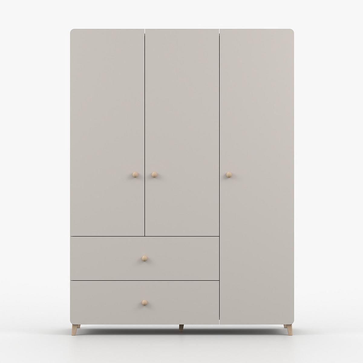 DREHTÜRENSCHRANK MARIO 3D 120 cm Kaschmir/Kaschmir, 3-türig, zwei Schubladen, Holzgriffe - Kaschmir/Eukalyptusholzfarben, Holz/Holzwerkstoff (120/204/50cm) - imoebel24