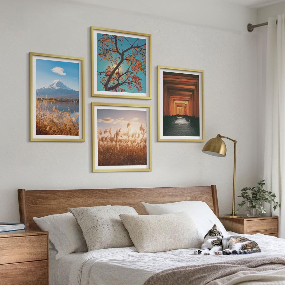 BILDER SET 4er Set - 50x50 cm & 40x60 cm Goldrahmen - Japanische Naturlandschaften - Goldfarben, Kunststoff (50/50cm) - TULUP