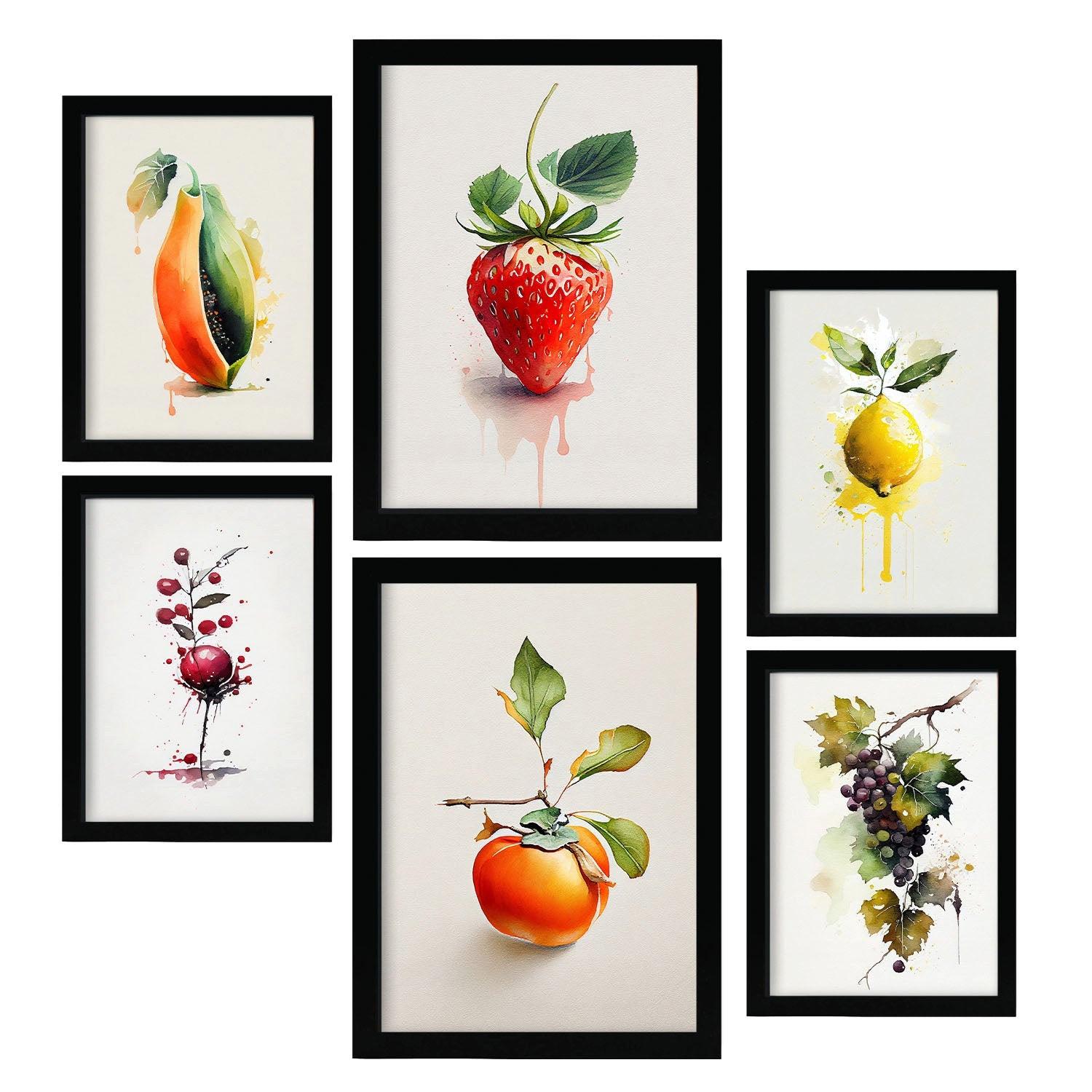 POSTER Set Mit 6 Lebendige Früchte Plakate Von Obst Gemüse & Gesunden Lebensmitteln Im Aquarell Kunst Auf Reinweißen A3 & A4 Schwarzer Rahmen - Schwarz, Papier (29/3cm) - Nacnic