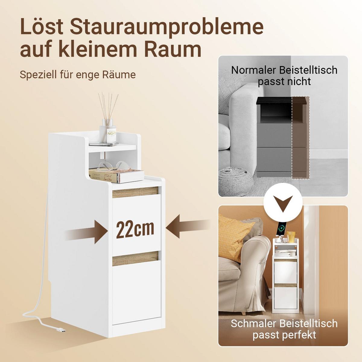 NACHTTISCH schmal mit Ladefunktion und LED-Touch-Lampe, 22x34x60.5cm - Weiß, Holzwerkstoff (22/60/34cm) - SoBuy