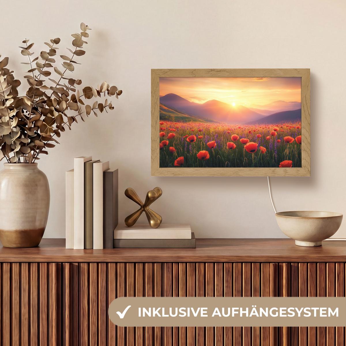 TISCHLEUCHTE Landschaft - Sonnenuntergang - Blumenfeld 30x20 cm - Dunkelblau, Holzwerkstoff (8/30/20cm) - OnlyWow