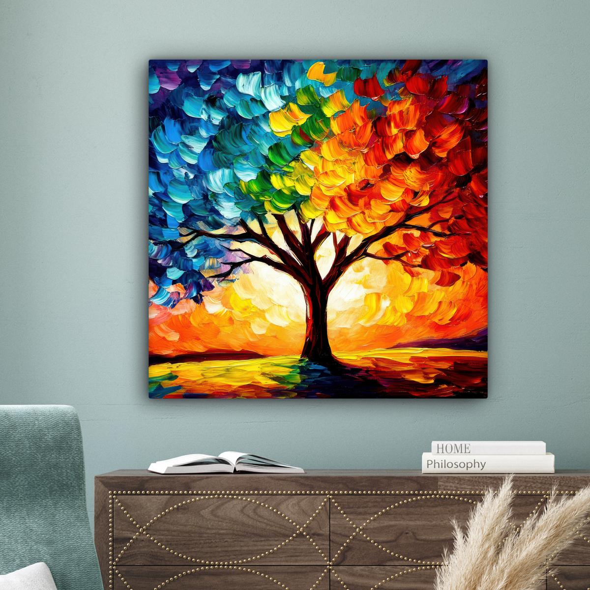 LEINWANDBILD Baum - Kunst - Natur - Sonnenuntergang Deko Groß 90x90 cm - Multicolor, Textil (90/90cm) - MuchoWow