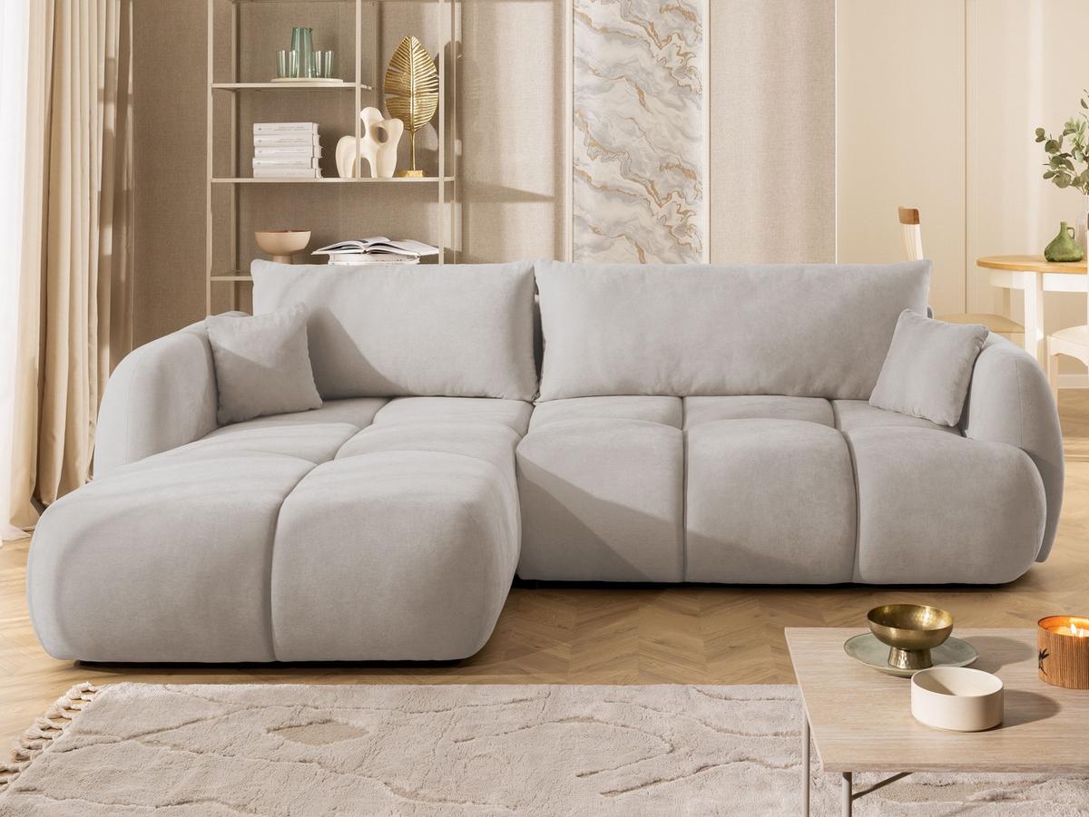 ECKSOFA Loretto aus natürlichem Beige Webstoff mit Schlaffunktion, Bettkasten und tiefen Steppungen in Bubble-Optik - Beige/Schwarz, Holz/Kunststoff (180/275cm) - S-Style