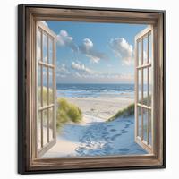 LEINWAND Bilder mit Rahmen - Aussicht - Strand - Fenster - Dünen - Meer - 50x50 - Hellblau, Textil (50/50cm) - MuchoWow