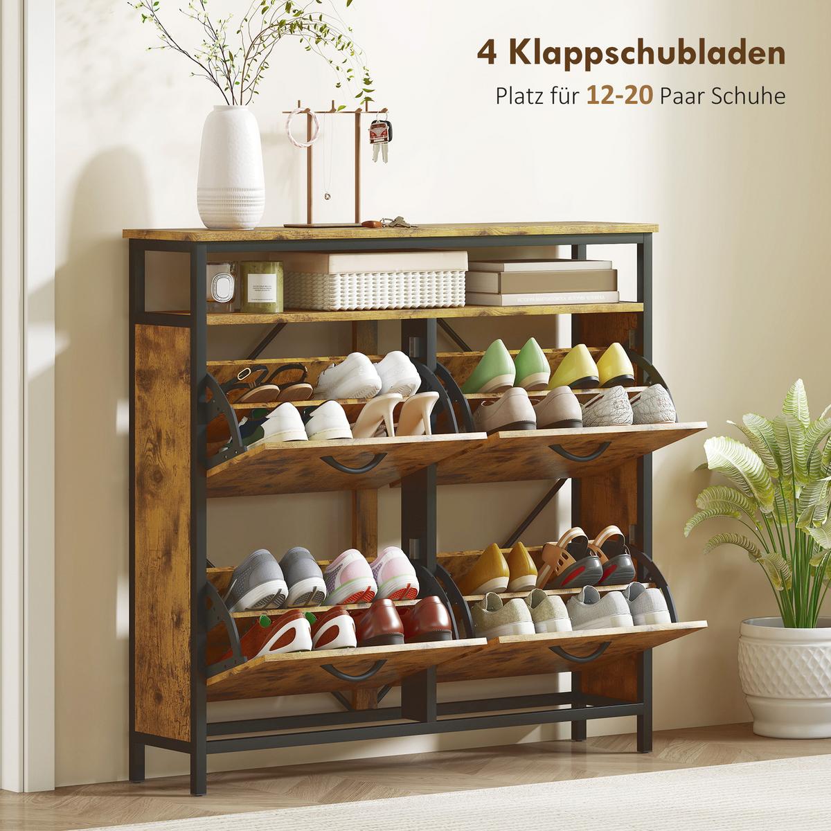 SCHUHSCHRANK mit 4 Klappen Schmal Schuhkipper mit Verstellbar Trennwand Braun - Schwarz/Braun, Holzwerkstoff/Metall (24/95/98cm) - HOMCOM