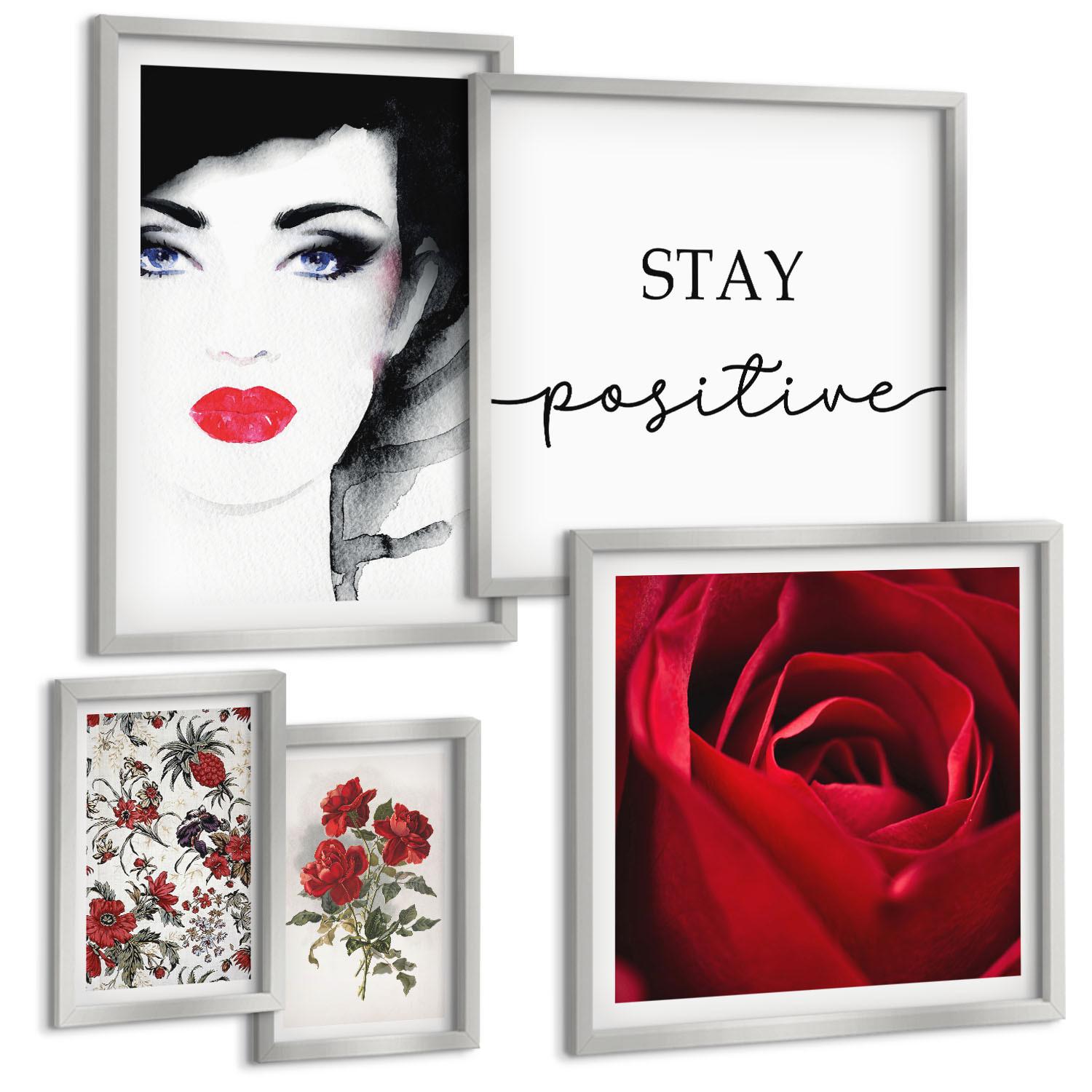 BILDER SET 5er Set - 50x50 cm & 20x30 cm & 40x60 cm Silberner Rahmen - Inschrift mit roten Rosen - Silberfarben, Kunststoff (40/60cm) - TULUP