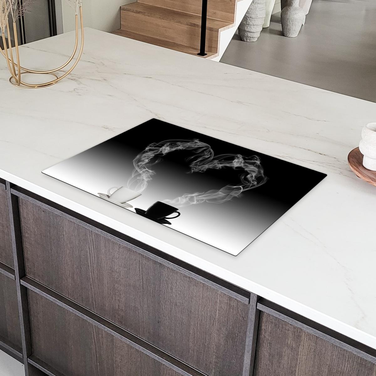HERDABDECKPLATTE Kaffee - Herz - Schwarz und weiß - Tassen Ceranfeldabdeckung 76x51.5 cm - Weiß, Kunststoff (76/51.5/0.2cm) - MuchoWow