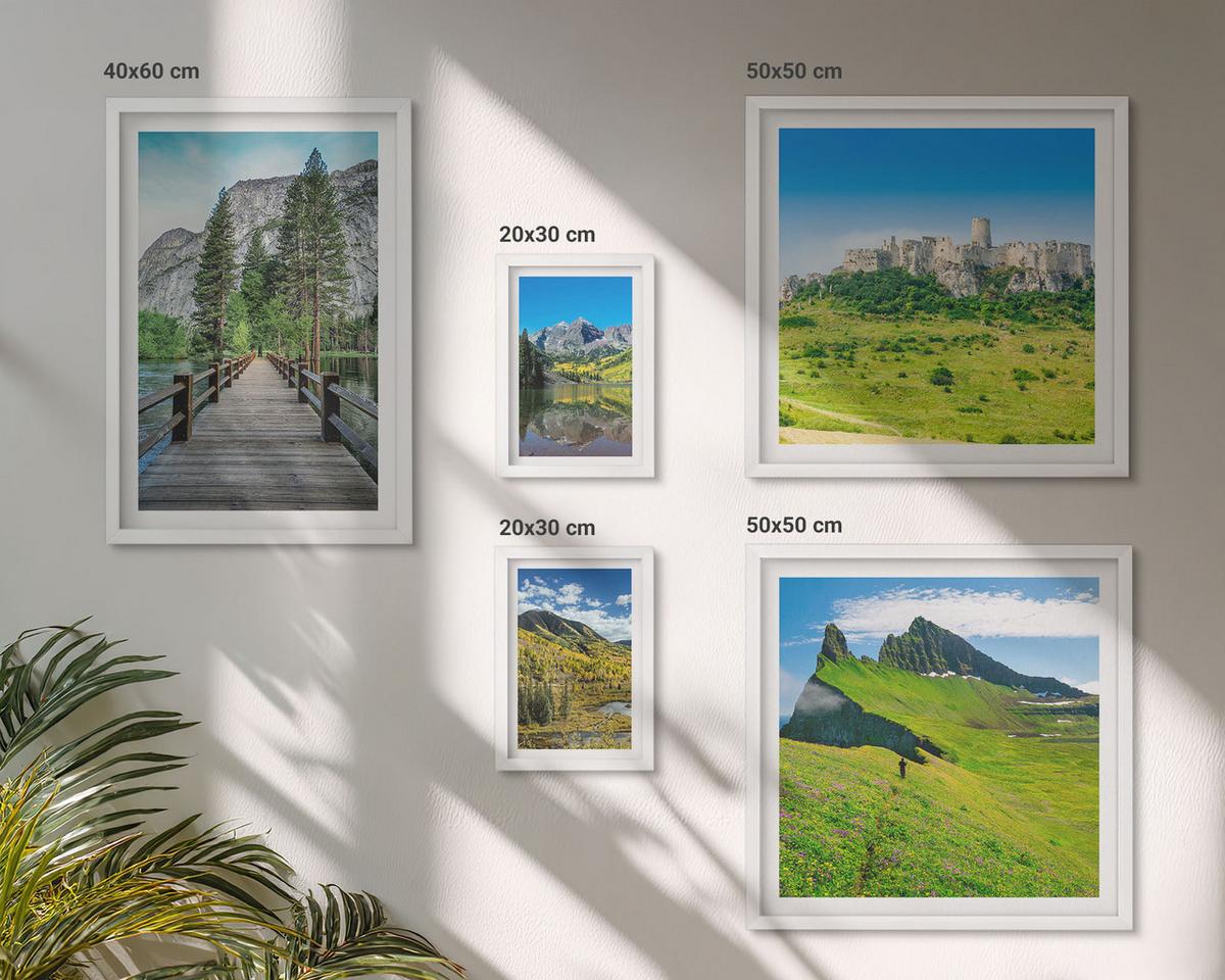 BILDER SET 5er Set - 50x50 cm & 20x30 cm & 40x60 cm Weißer Rahmen - Wasserfälle, Berge, Wolken, Herbst - Weiß, Kunststoff (40/60cm) - TULUP