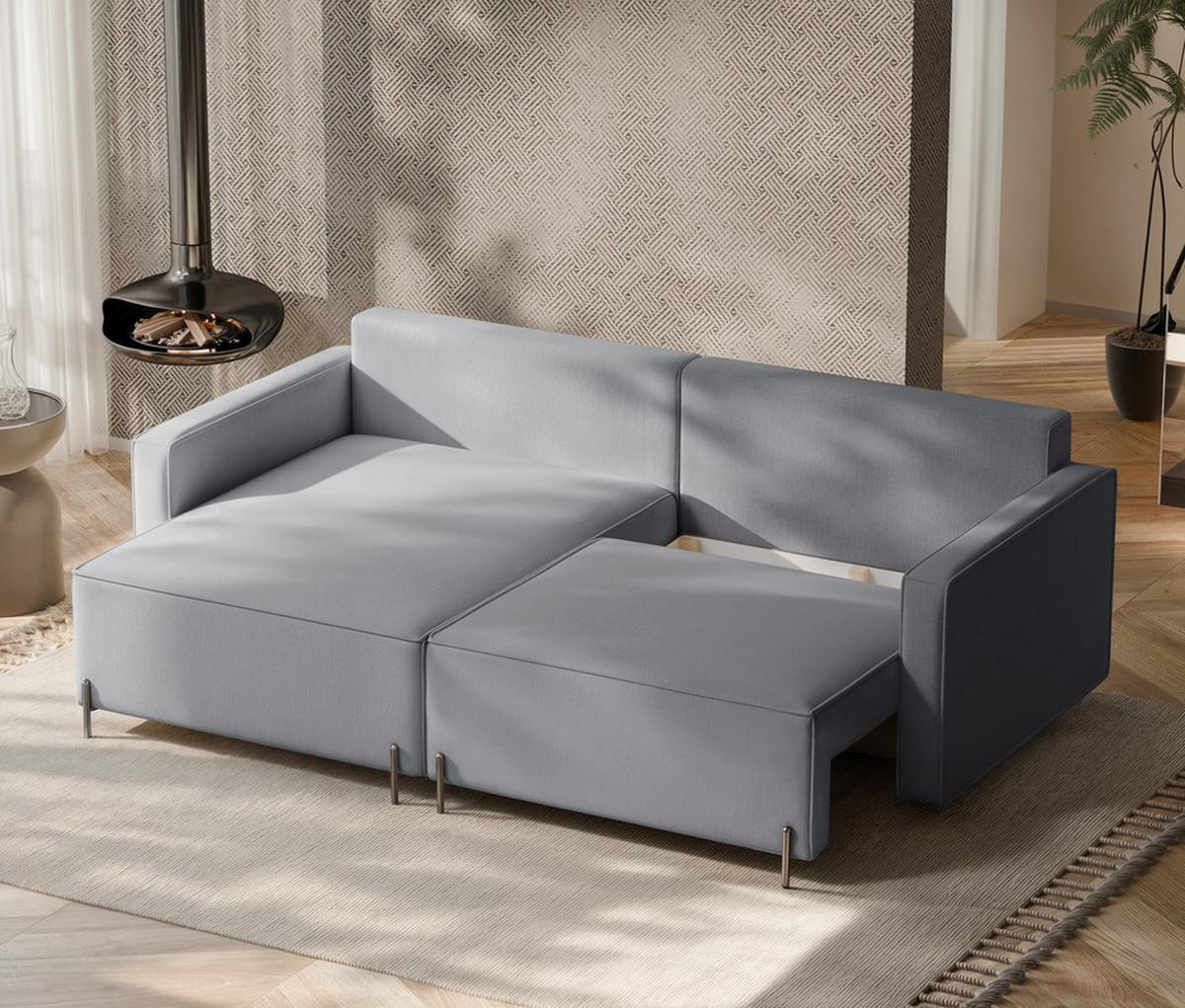 ECKSOFA LEO Links, mit Schlaffunktion und Bettkasten, Grau - Grau, Textil/Metall (229/148cm) - Idohome