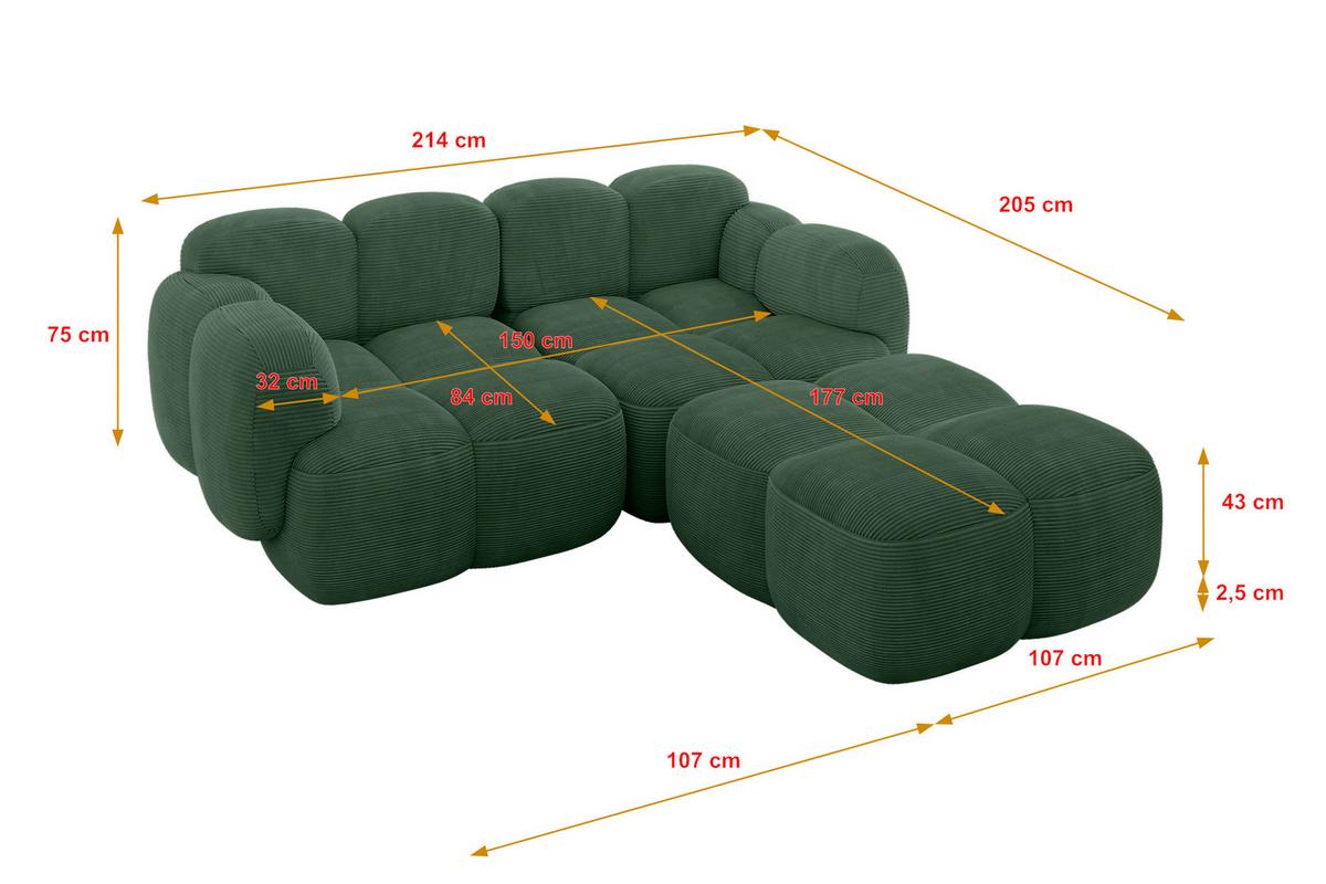 ECKSOFA modulares Sofa Rechts Miko-L1 214x205x75 Grün Cord - Waldgrün/Schwarz, Holzwerkstoff/Kunststoff (214/205cm) - ALTDECOR