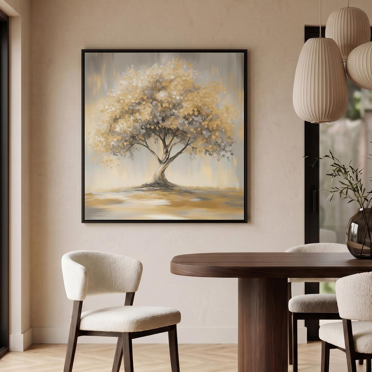 LEINWAND Bilder mit Rahmen - Gemälde - Baum - Abstrakt - Blätter - 90x90 - Beige, Textil (90/90cm) - MuchoWow