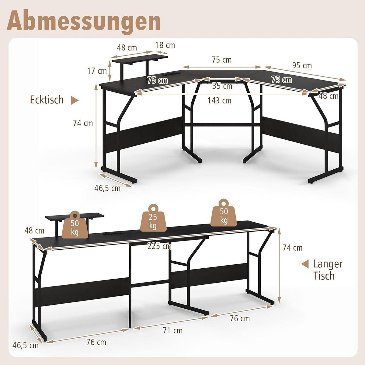 SCHREIBTISCH 91cm Schwarz - Schwarz, Holz (148/148/91cm) - COSTWAY