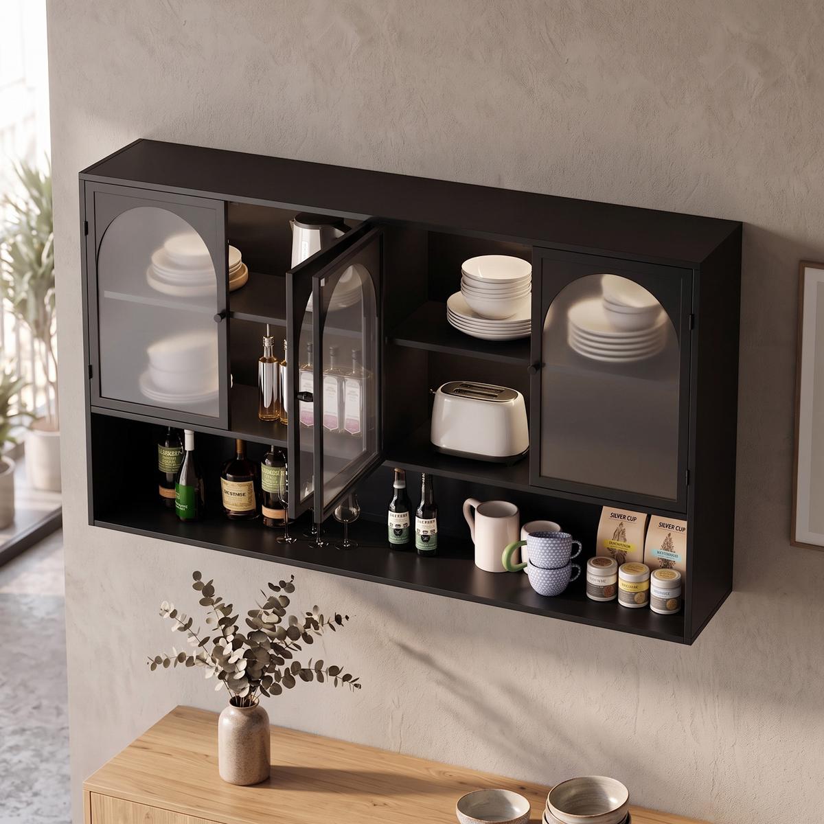 WANDSCHRANK 120cm Metall 4 Türen Graues Glas - Schwarz, Metall (120/70/23cm) - Urban Meuble