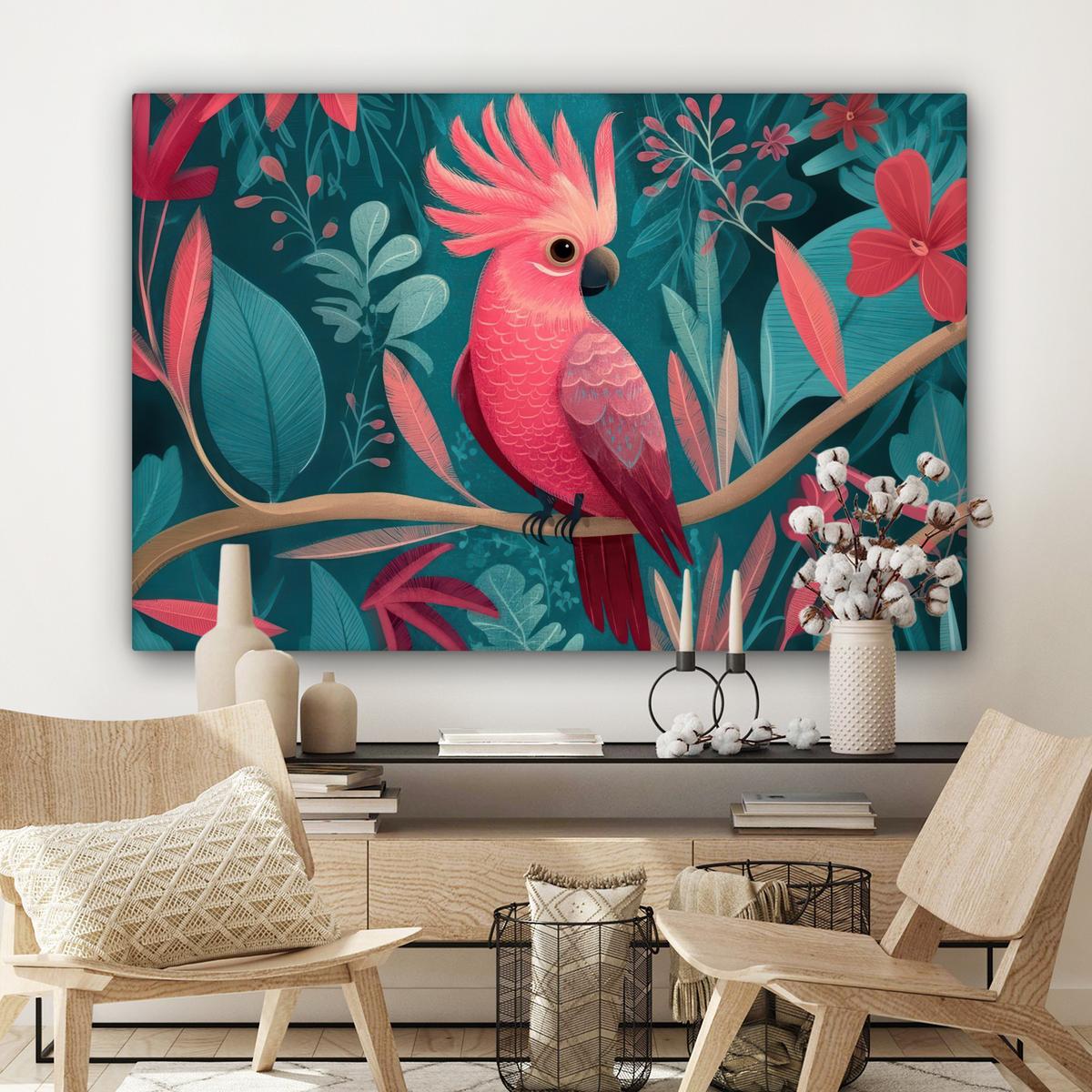 LEINWANDBILD Kakadu - Tropische Blätter - Zweig Wohnzimmer Groß 120x80 cm - Petrol, Textil (120/80cm) - MuchoWow