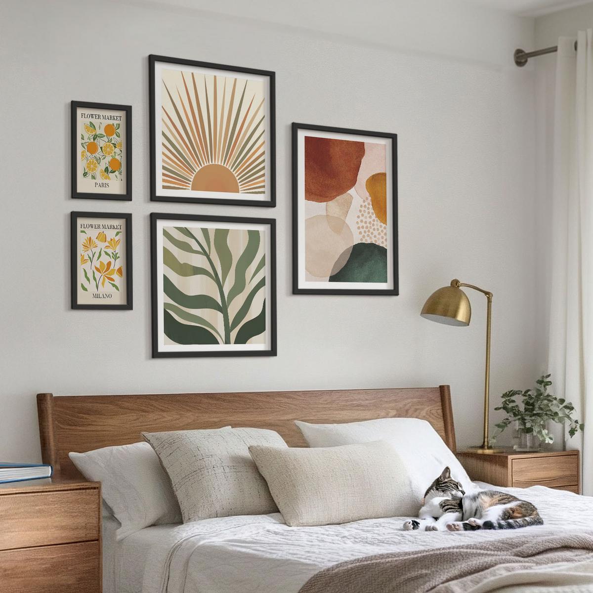 BILDER SET 5er Set - 50x50 cm & 20x30 cm & 40x60 cm Schwarzer Rahmen - Abstrakte Blumenmotive - Schwarz, Kunststoff (40/60cm) - TULUP