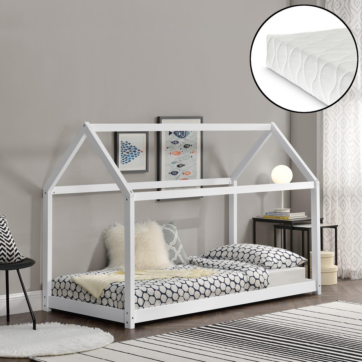 HAUSBETT Netstal mit Matratze - Weiß, Holz/Textil (90/200cm) - [en.casa]