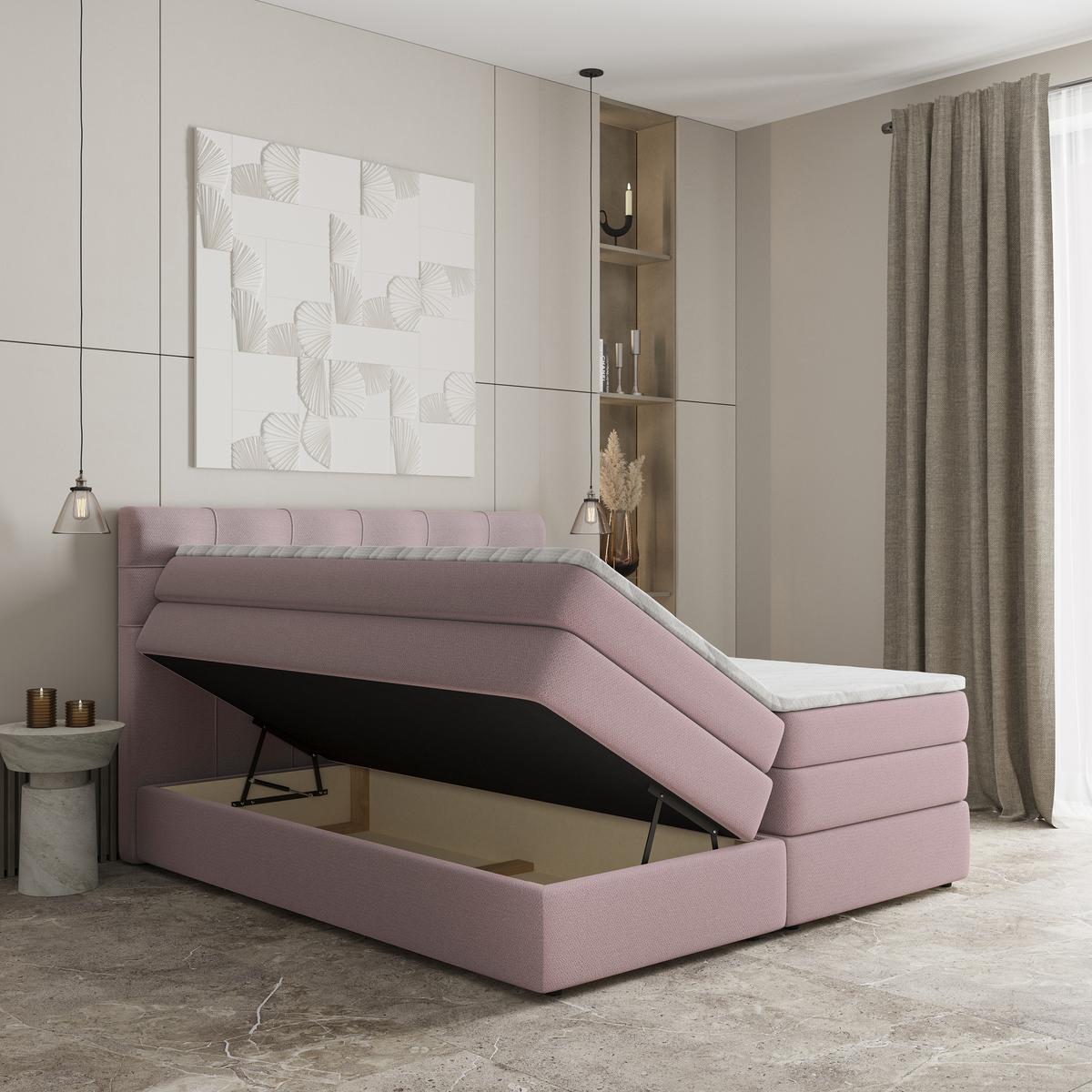 BOXSPRINGBETT AREZI 140x200 cm mit Matratze und Topper - Rosa - Rosa, Holz (140/200cm) - MASSENO