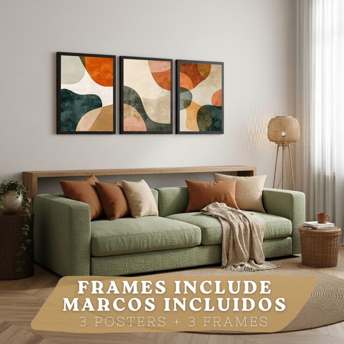 POSTER Set of 3 Abstract Shape Wall Art Prints Modern Brown Green Orange Decor for Living Room Bedroom Kitchen Bathroom Schwarzer Rahmen A3 - Schwarz, Papier (29.7/1/42cm) - Nacnic