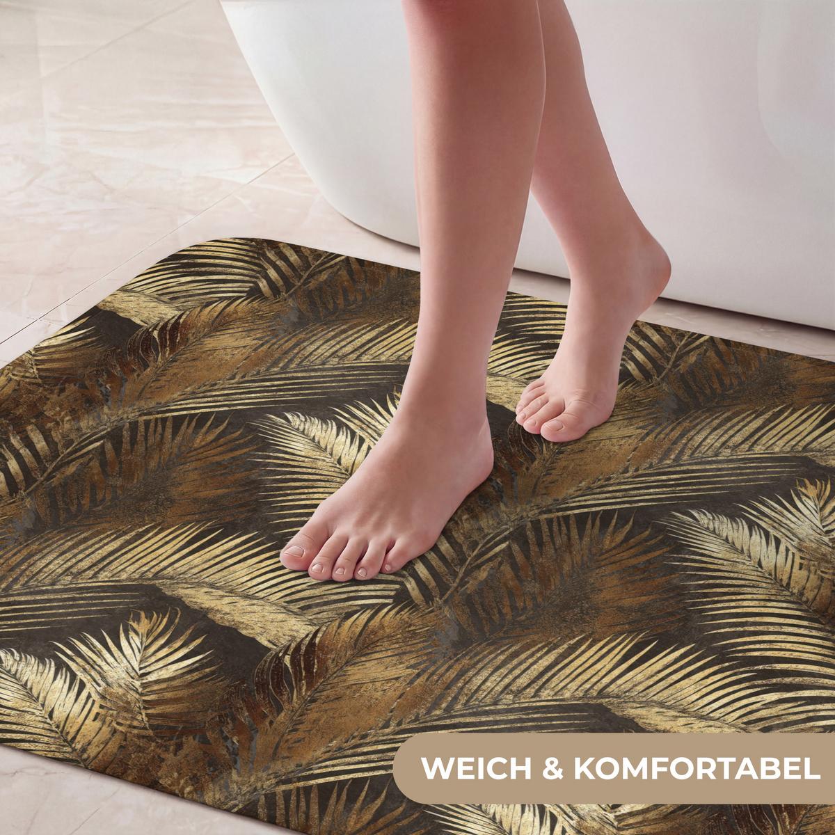 BADEMATTE Tropisch - Blätter - Gold 90x60 cm - Dunkelbraun/Goldfarben, Textil (90/60cm) - OnlyWow