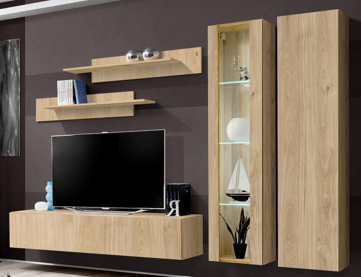 WOHNWAND Eiche Jackson 260 cm 5-teilig, Schrankwand hängend mit LED-Beleuchtung - Eichefarben, Glas/Holzwerkstoff (260/170/40cm) - Inn.Furn