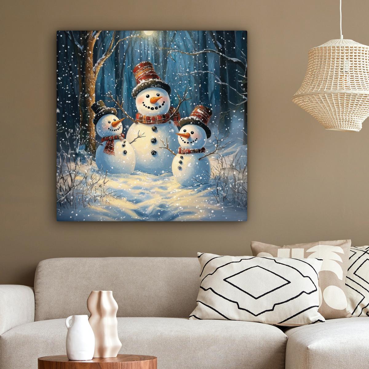 LEINWANDBILD Schneemann - Schnee - Winter - Wald Deko Groß 90x90 cm - Hellblau, Textil (90/90cm) - MuchoWow