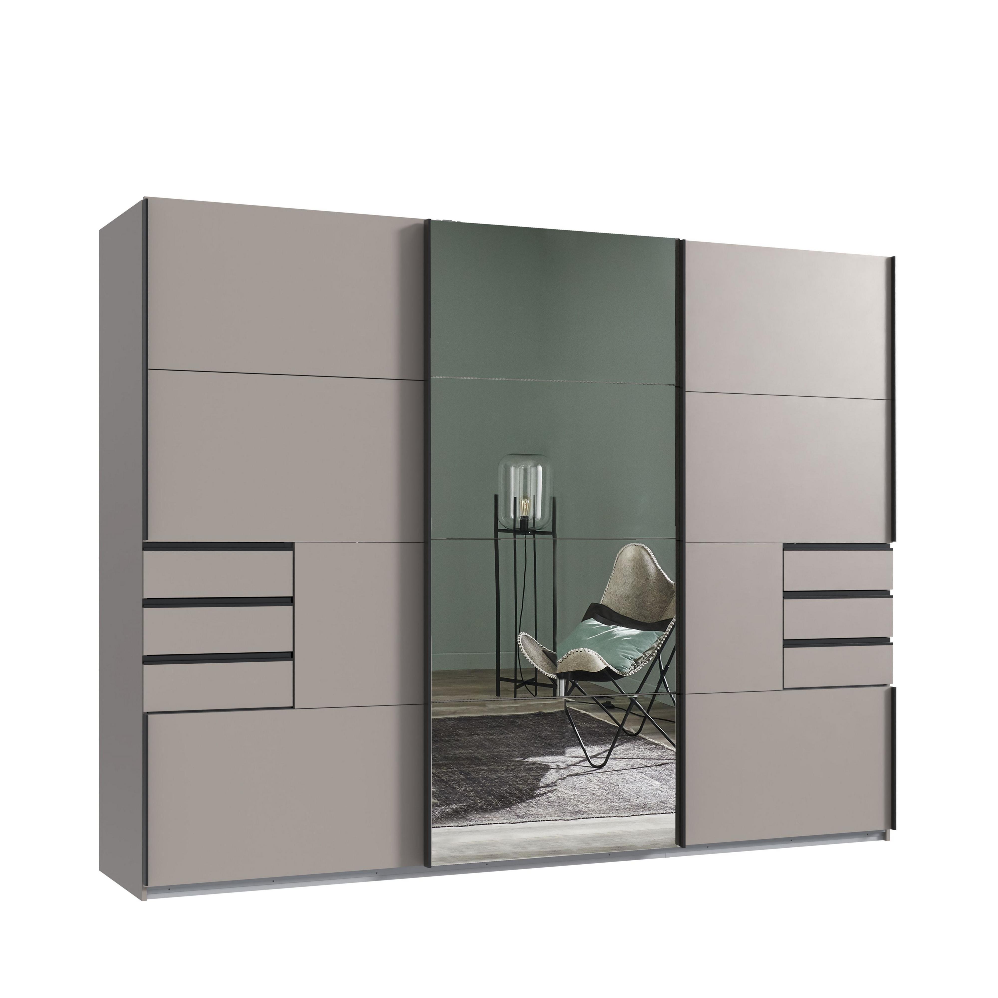 SCHWEBETÜRENSCHRANK 3-türig B270/H208/64 cm, Sandgrau, eine Spiegeltür, Kleiderschrank mit Schubladen & Vollausstattung / 22615 - Sandfarben/Anthrazit, Holzwerkstoff/Metall (270/208/64cm) - luma-home