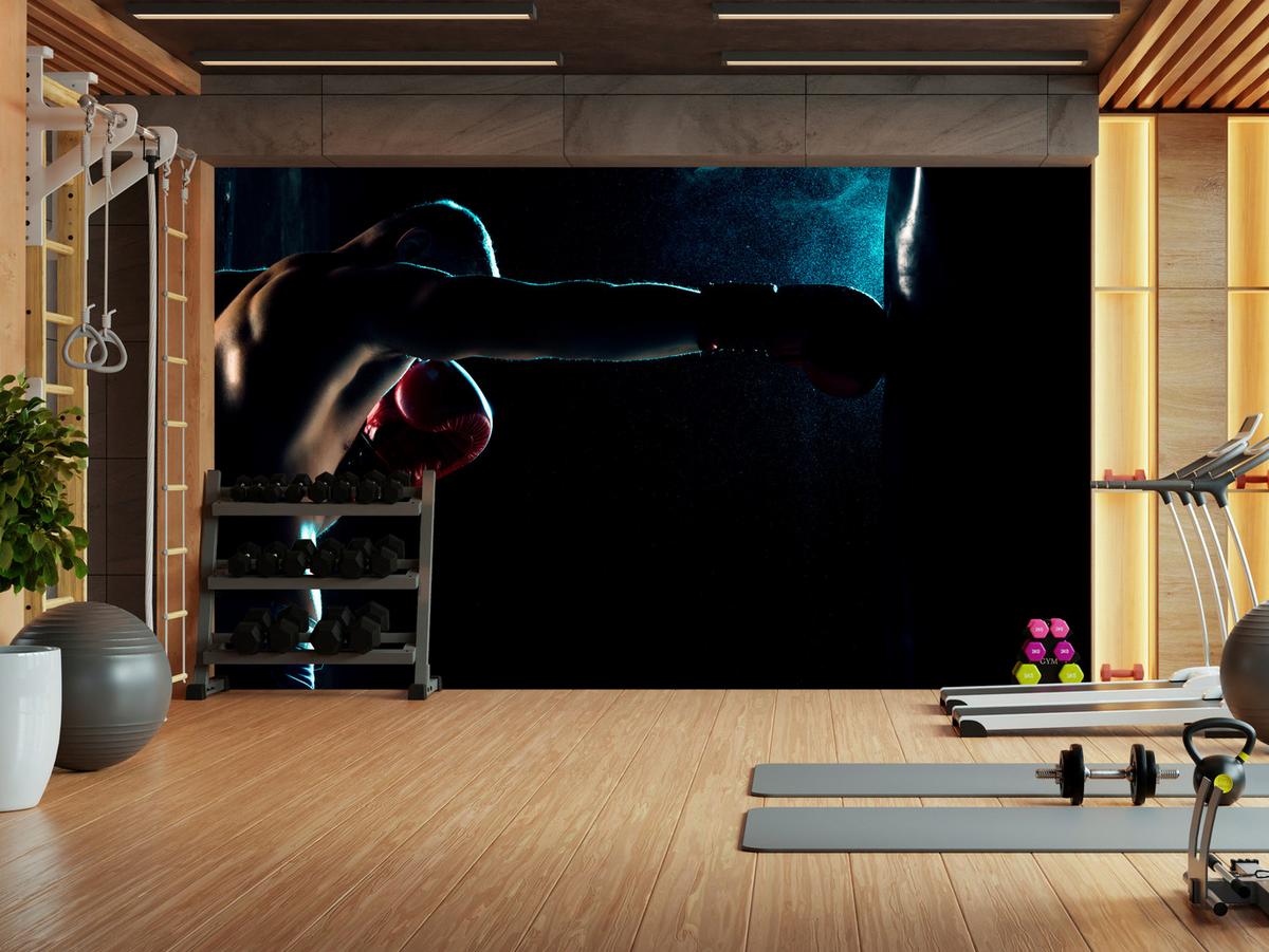 FOTOTAPETE für Jugendzimmer Muskelboxer Training Handschuhe Action 450x315 - Schwarz/Grau, Papier (450/315cm) - Muralo